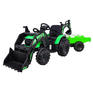Wielki Traktor-Koparka 24V z Przyczepką 720-T Zielony – 2x200W, Koła EVA, Pilot, Panel MP3, LED