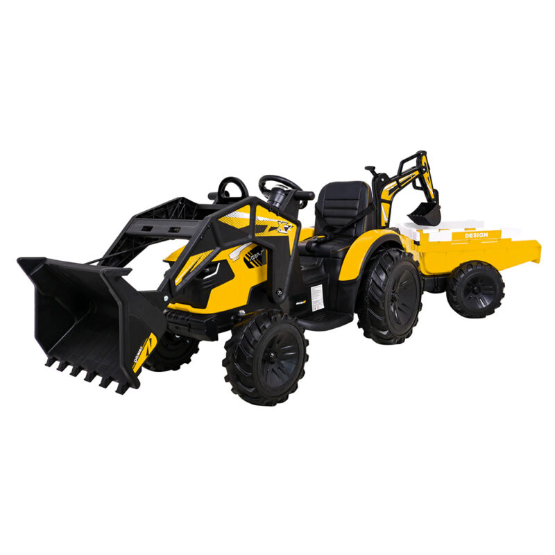 Wielki Traktor-Koparka 24V z Przyczepką 720-T  Żółty – 2x200W, Koła EVA, Pilot, Panel MP3, LED (Kopia)
