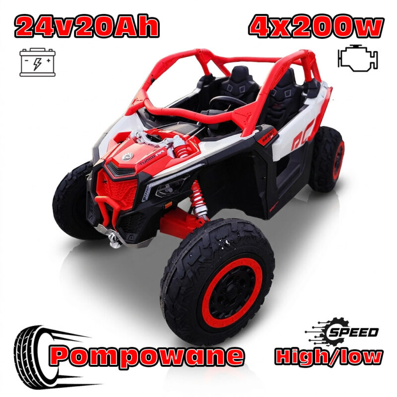 Buggy Maverick Turbo RR Ultimate Czerwony –  Pompowane Koła, 24V20ah, 4x200W, 2 tryby jazdy
